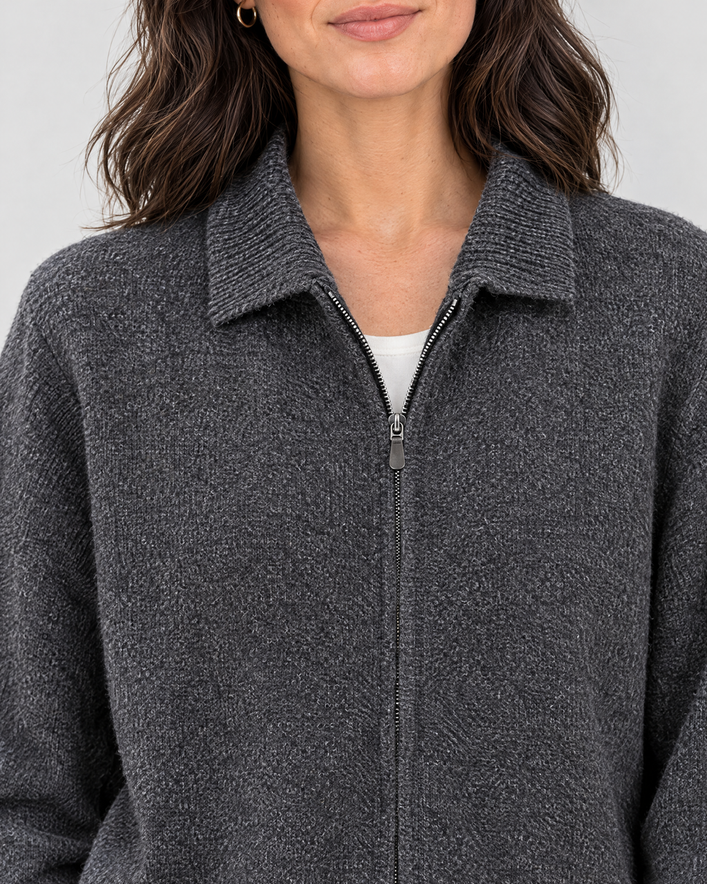 Women's Stand-Collar Wool Cardigan — Dark gray — collar detail [WB gallery 191/4]
