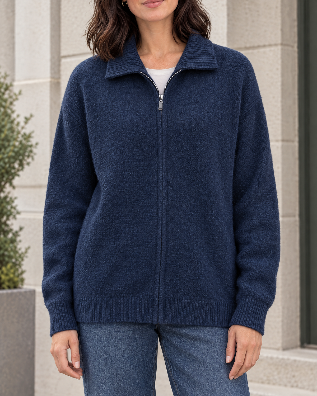 Women's Stand-Collar Wool Cardigan — Navy blue — hero [WB gallery 193/1]