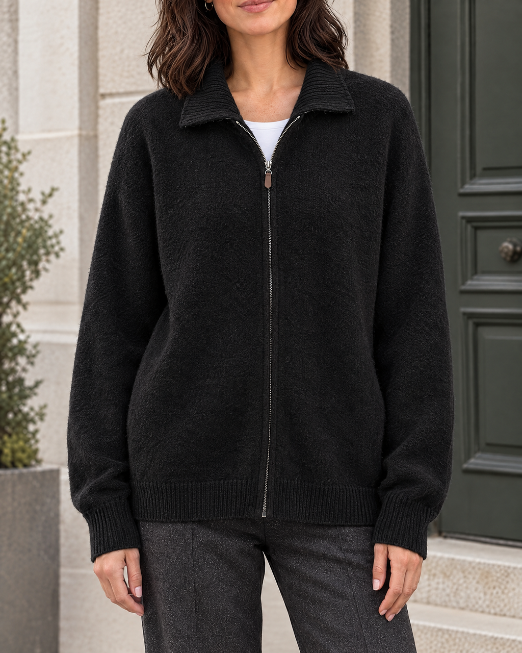 Women's Stand-Collar Wool Cardigan — Black — hero [WB gallery 192/1]