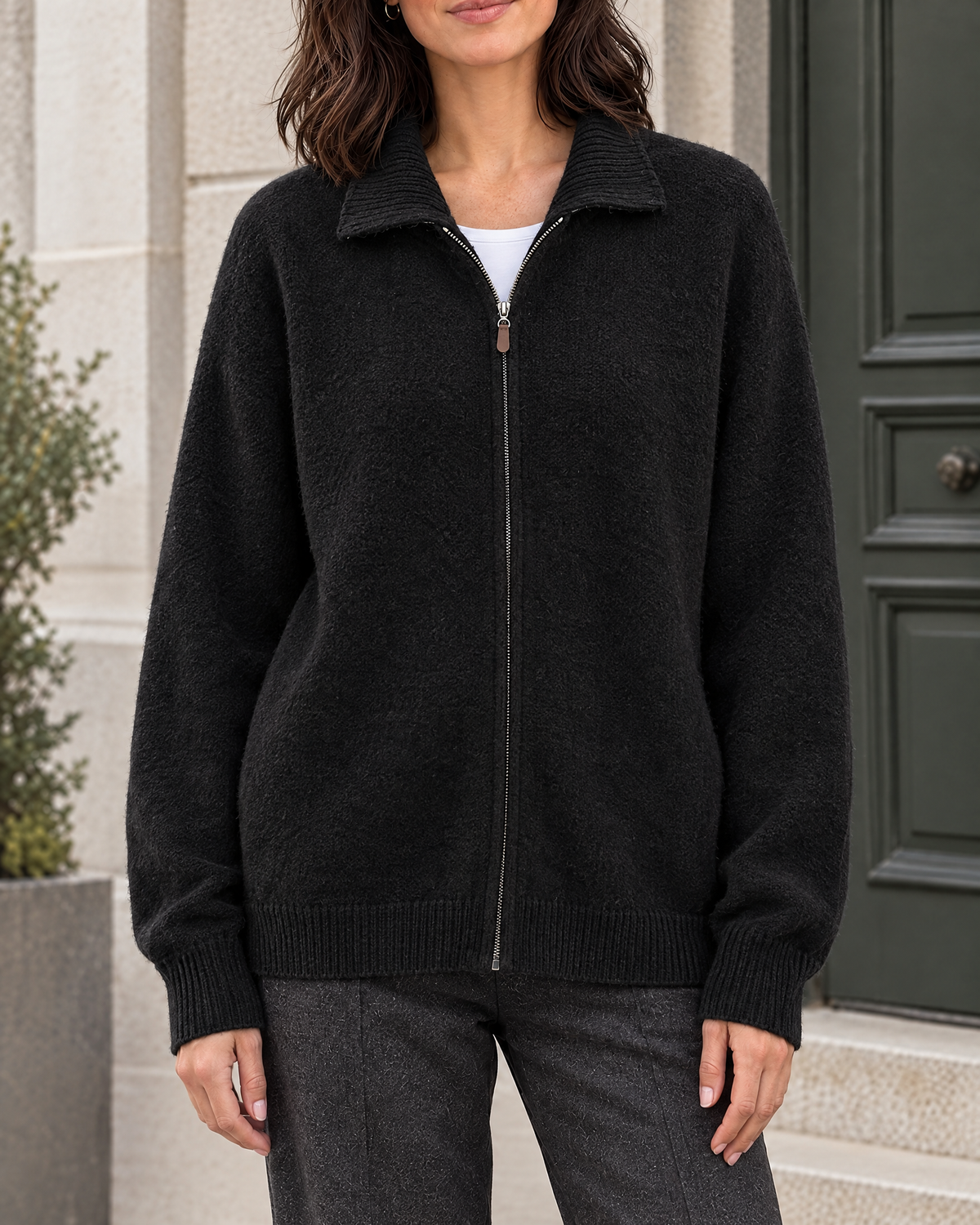 Women's Stand-Collar Wool Cardigan — Black — hero [WB gallery 192/1]