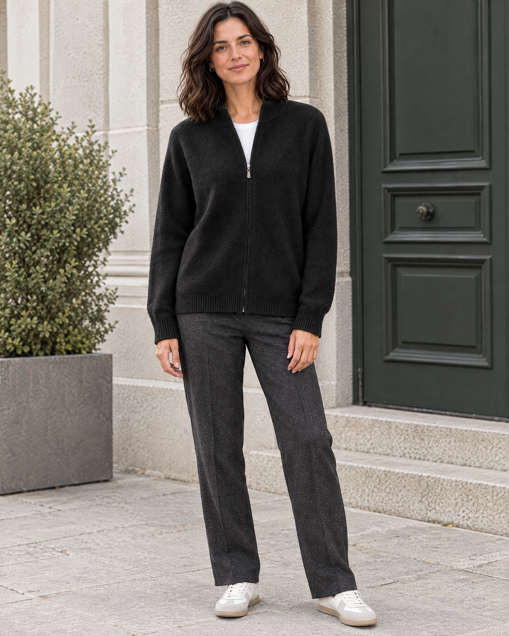 Women's Stand-Collar Wool Cardigan — Black — full front [WB gallery 192/2]