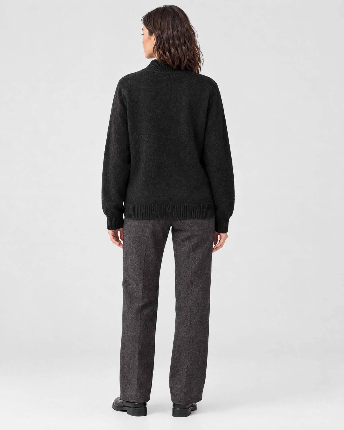 Women's Stand-Collar Wool Cardigan — Black — full back [WB gallery 192/3]
