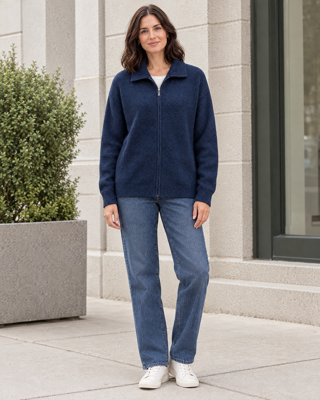 Women's Stand-Collar Wool Cardigan — Navy blue — full front [WB gallery 193/2]