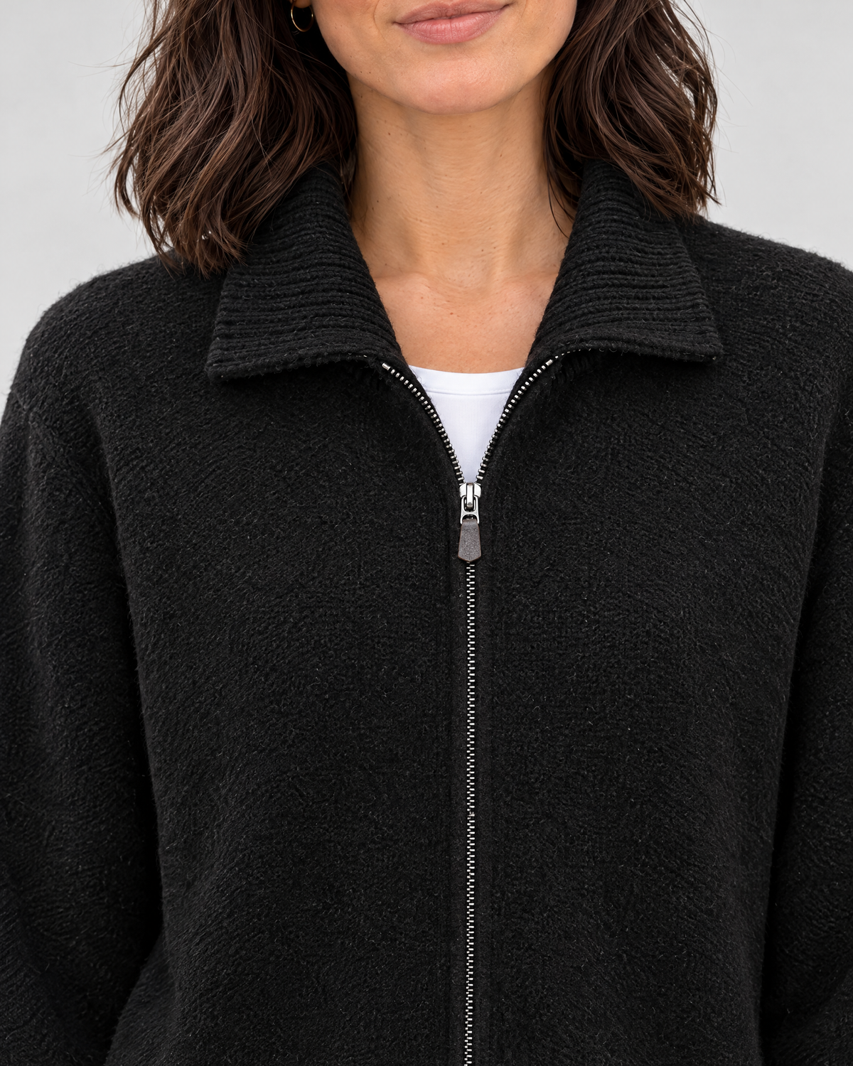 Women's Stand-Collar Wool Cardigan — Black — collar detail [WB gallery 192/4]