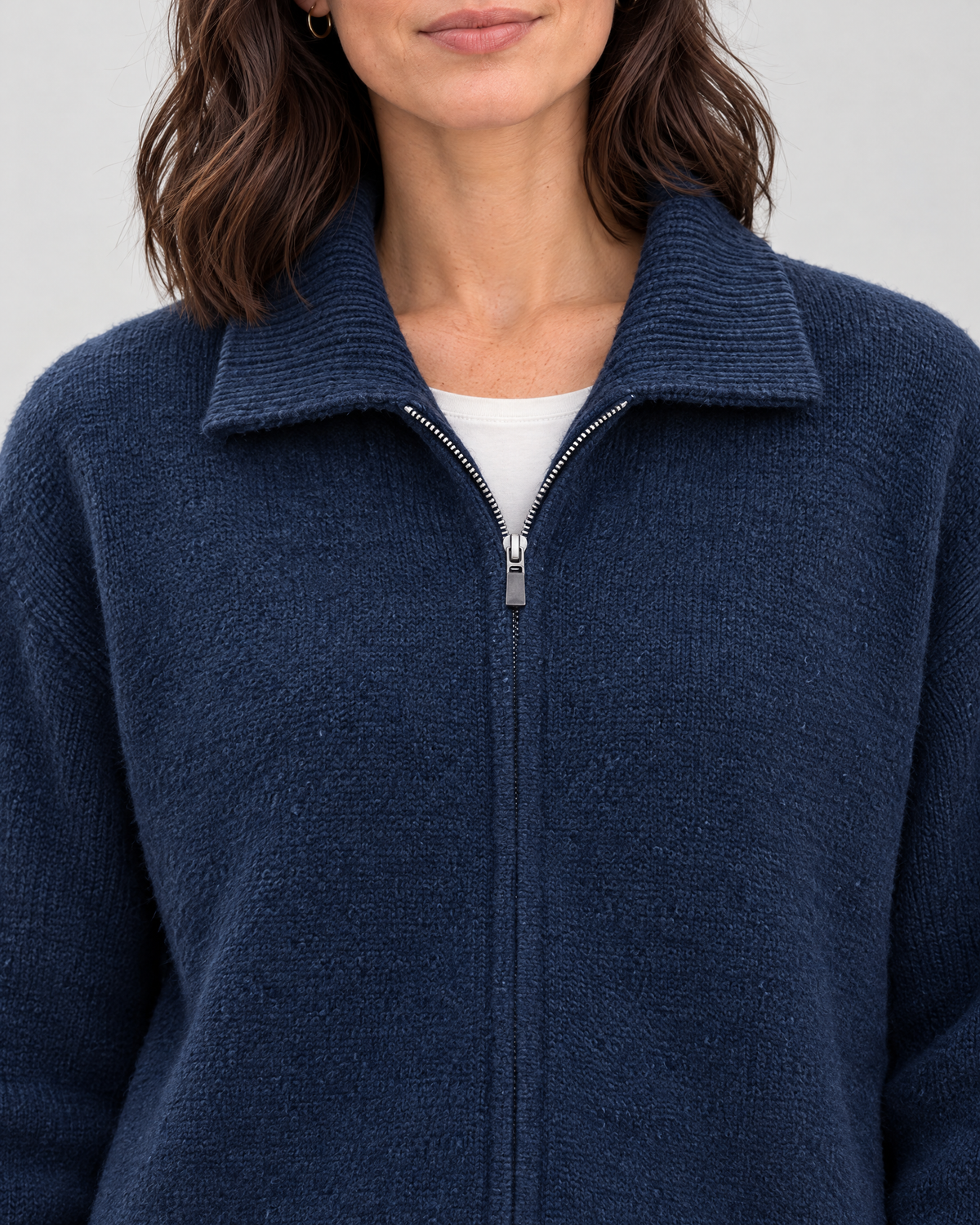 Women's Stand-Collar Wool Cardigan — Navy blue — collar detail [WB gallery 193/4]
