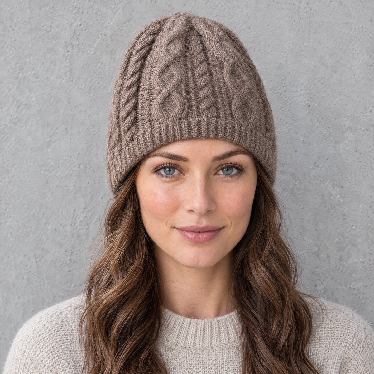 Thick-Knit Cashmere Beanie — Taupe — portrait