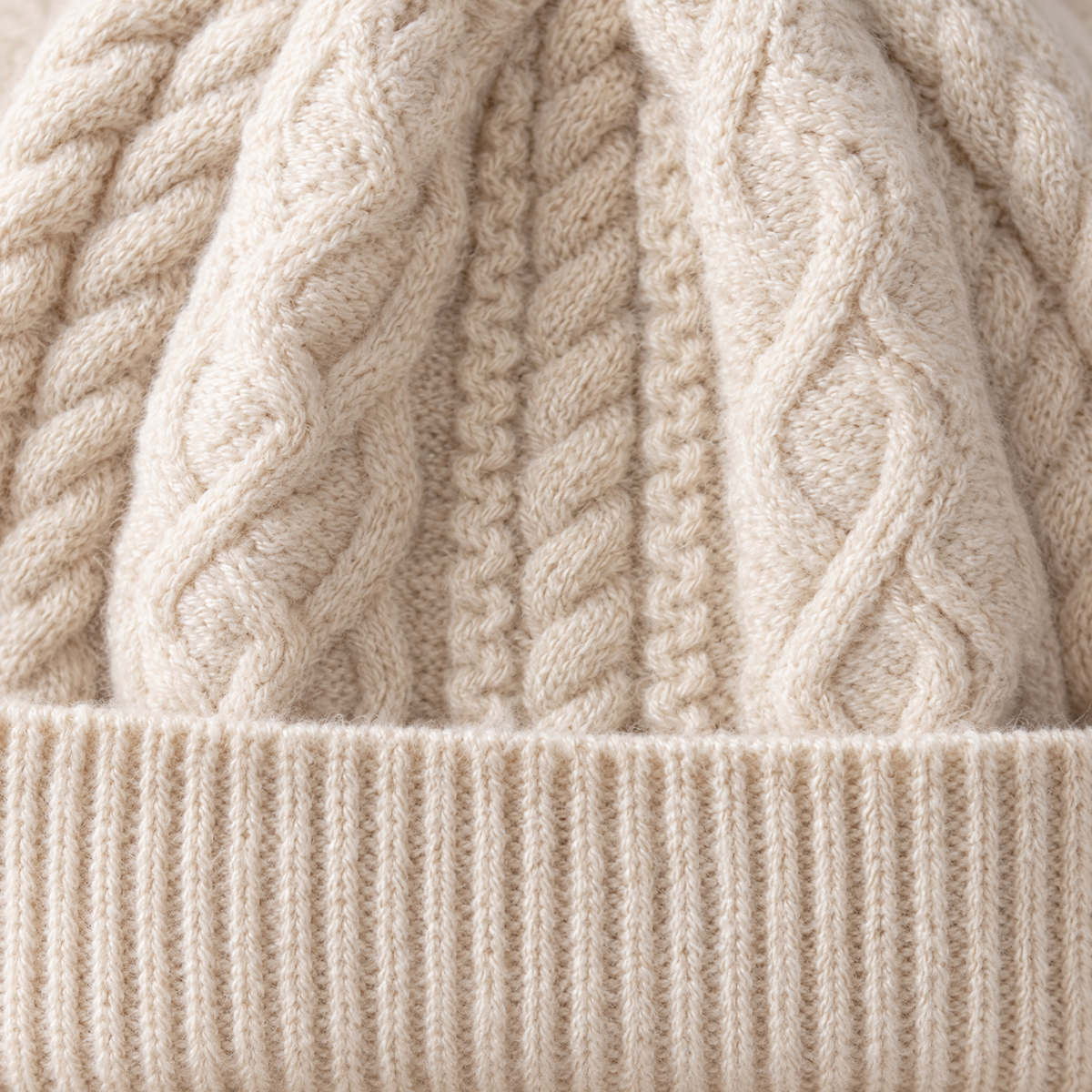 Thick-Knit Cashmere Beanie — Ivory — raised cable-knit detail