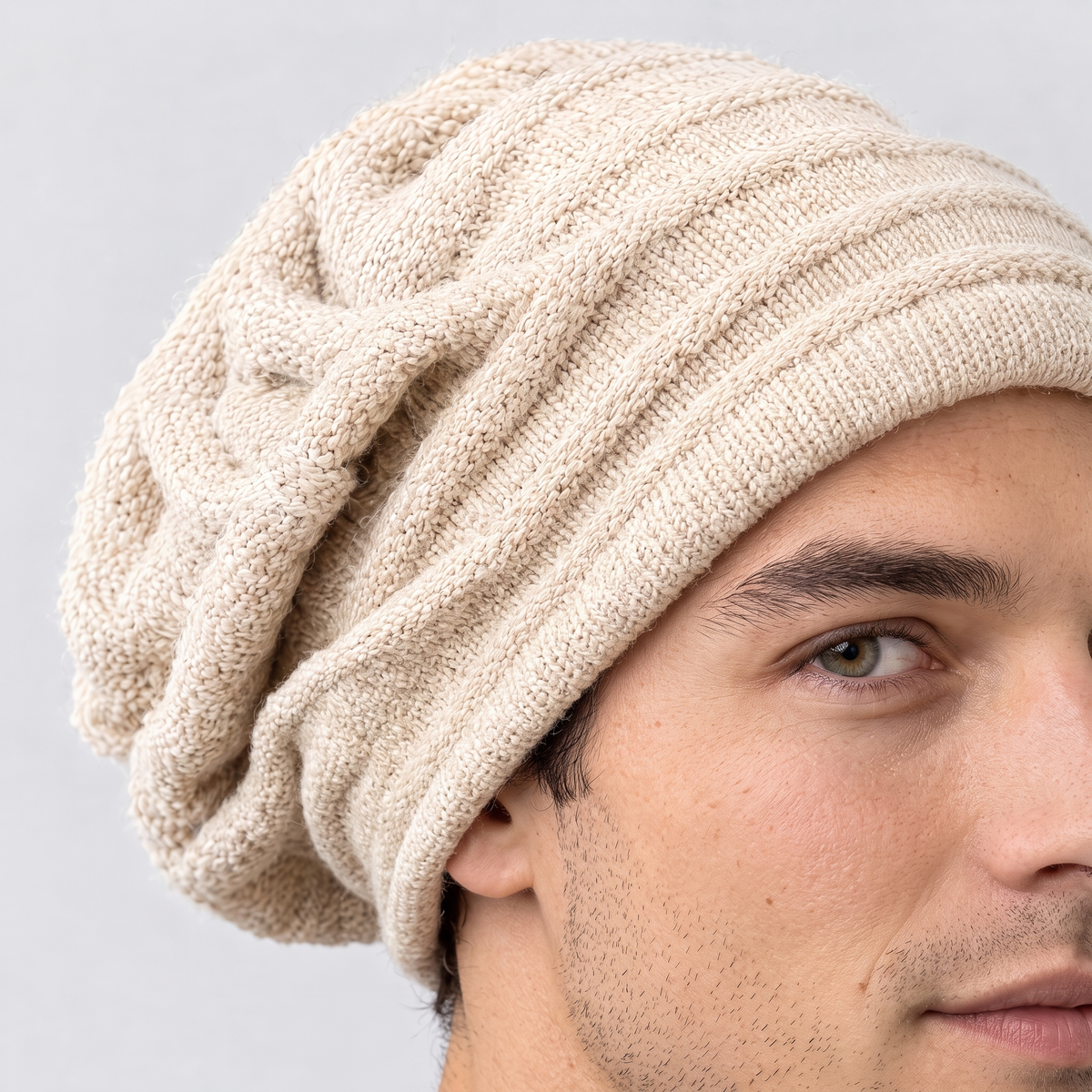 Men's Cashmere Slouchy Beanie — apricot knit detail