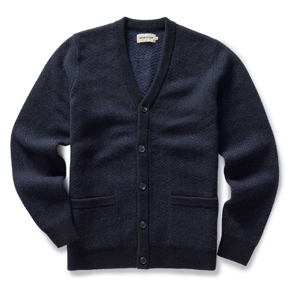 Men's The Eddy Cardigan in Heather Marine Herringbone — Sweater