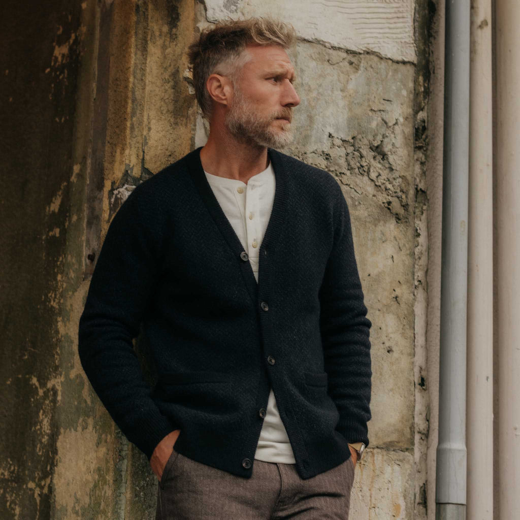 Men's The Eddy Cardigan in Heather Marine Herringbone — Sweater