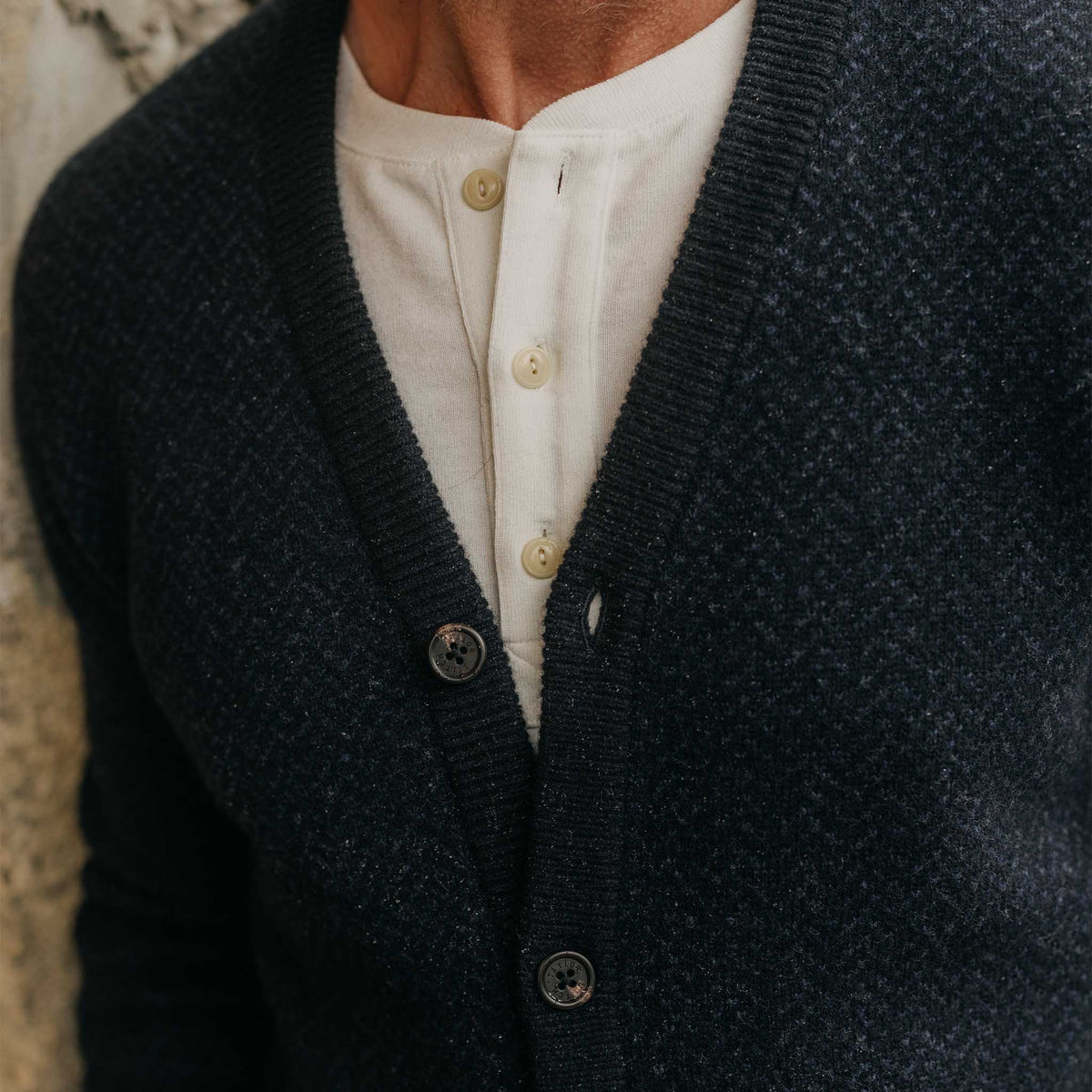 Men's The Eddy Cardigan in Heather Marine Herringbone — Sweater