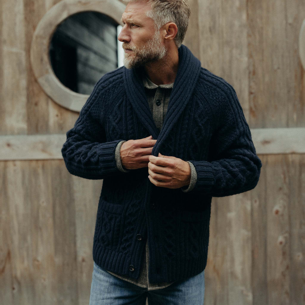 Men's The Cascade Shawl Cardigan in Heather Marine — Sweater