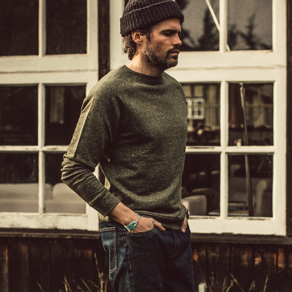 Men's The Crewneck in French Terry Heather Olive — Sweater