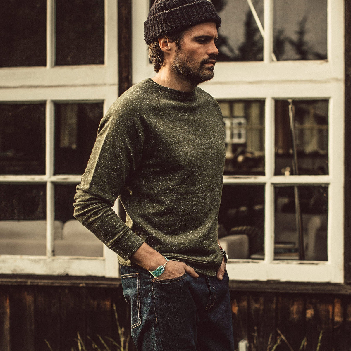 Men's The Crewneck in French Terry Heather Olive — Sweater