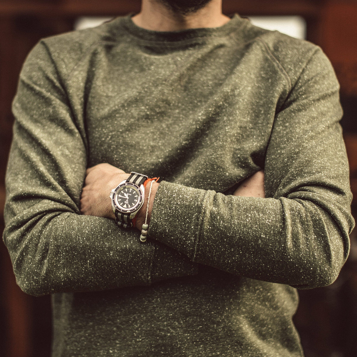 Men's The Crewneck in French Terry Heather Olive — Sweater