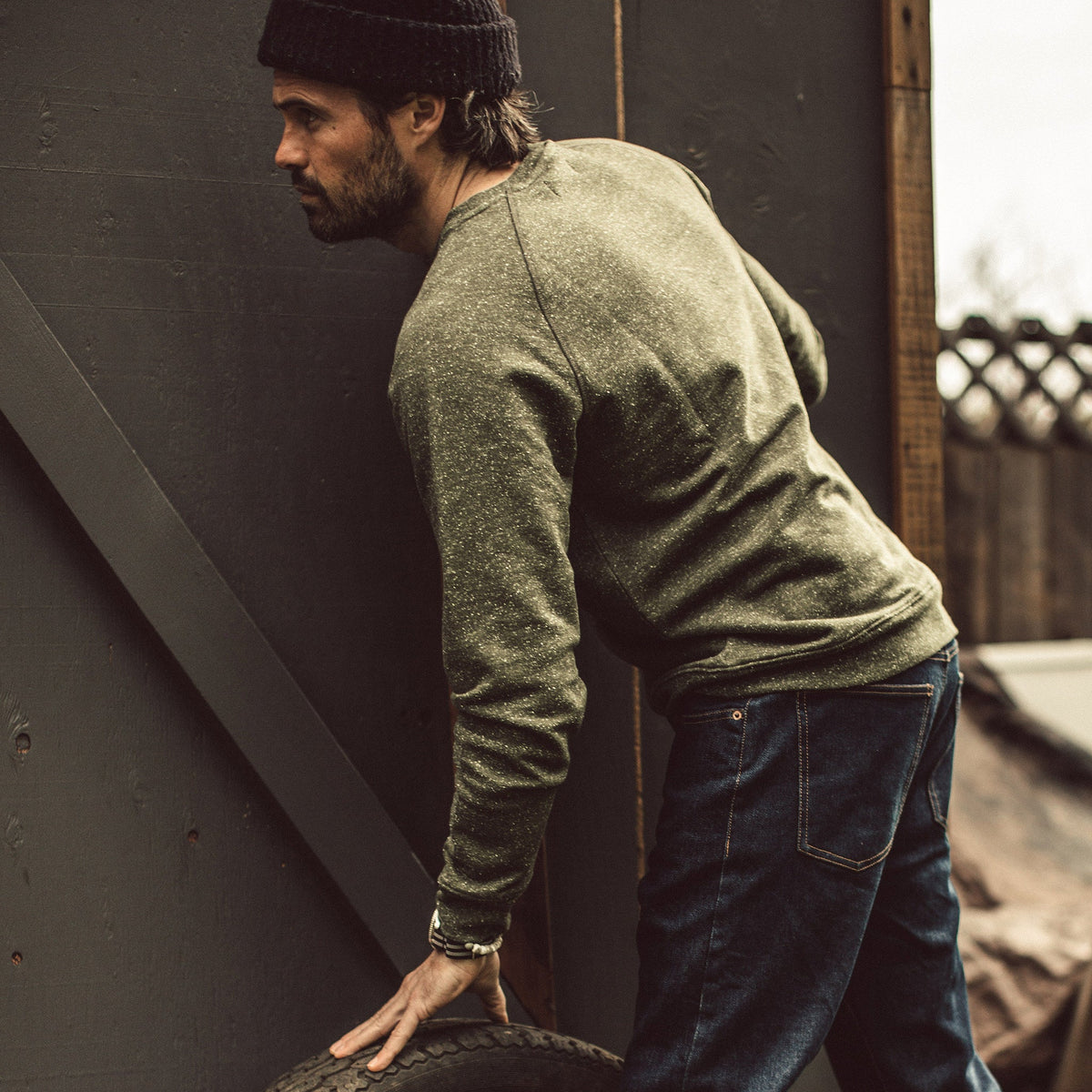 Men's The Crewneck in French Terry Heather Olive — Sweater