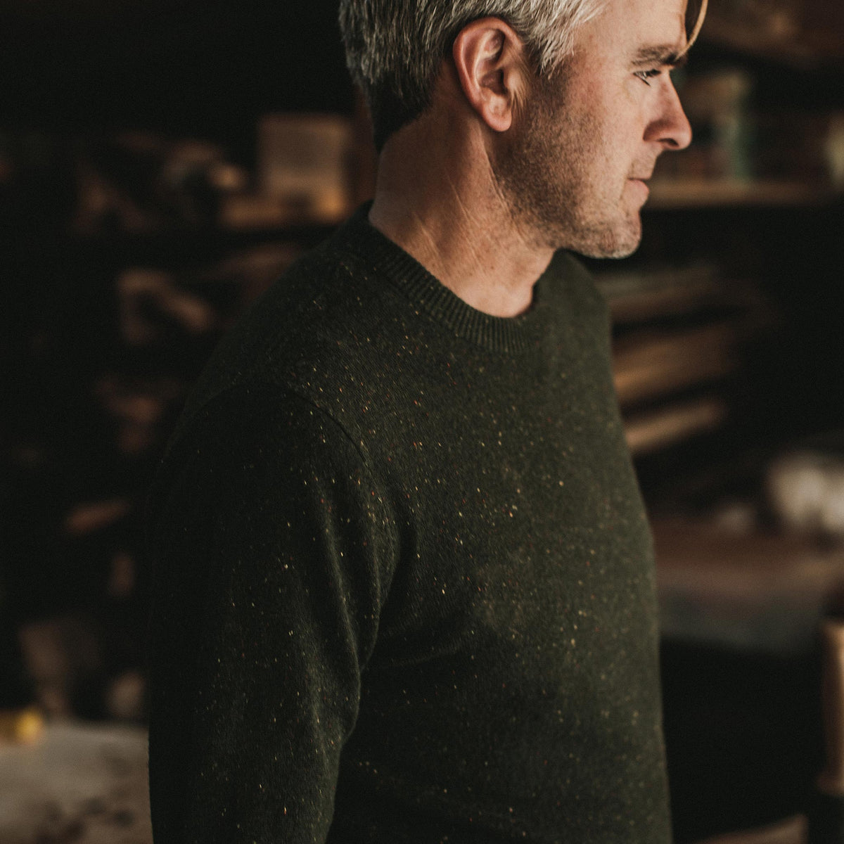 Men's The Hardtack Sweater in Olive Cashmere Donegal