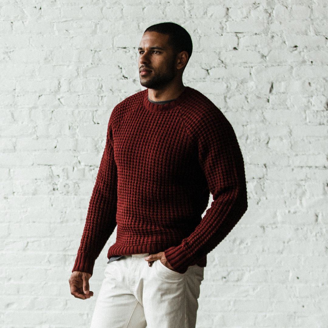 Men's The Fisherman Sweater in Maroon Waffle