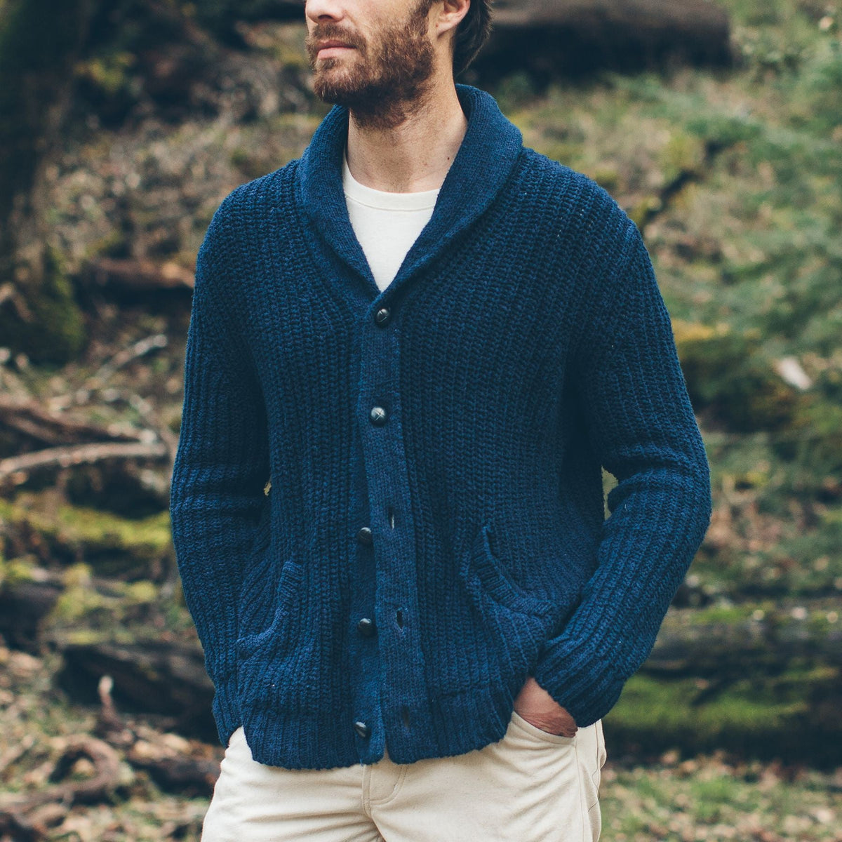Men's The Shawl Cardigan in Indigo Dipped Cotton — Sweater
