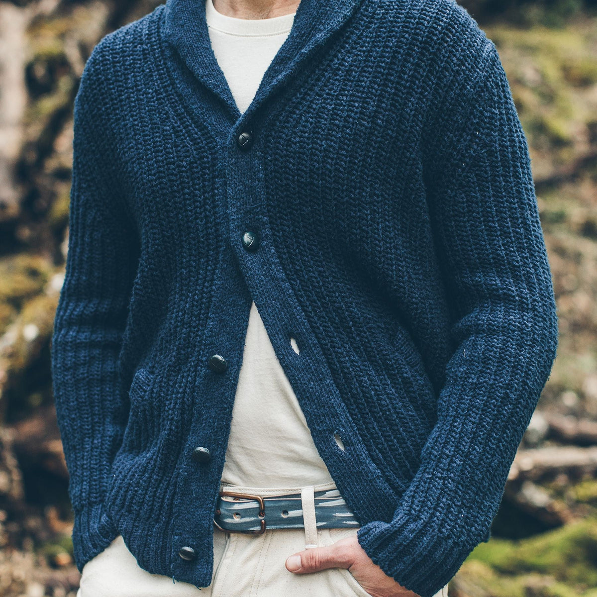 Men's The Shawl Cardigan in Indigo Dipped Cotton — Sweater