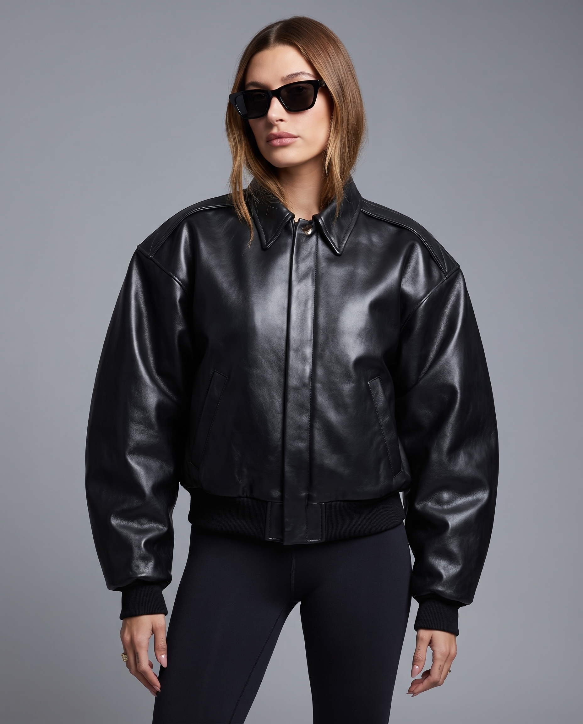 Mila Oversized Black Leather Bomber Jacket front three-quarter studio view