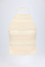Women's Ruffled High-Neck Backless Top in Ivory