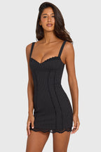 Women's Ponte Lace-Trim Peekaboo Mini Dress in Black Pinstripe — Dress