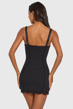 Women's Ponte Lace-Trim Peekaboo Mini Dress in Black Pinstripe — Dress