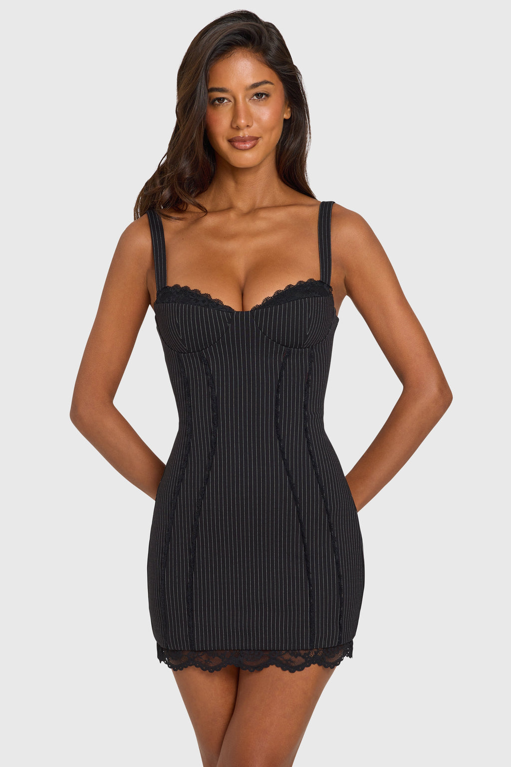 Women's Ponte Lace-Trim Peekaboo Mini Dress in Black Pinstripe — Dress