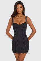 Women's Ponte Lace-Trim Peekaboo Mini Dress in Black Pinstripe — Dress