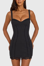 Women's Ponte Lace-Trim Peekaboo Mini Dress in Black Pinstripe — Dress