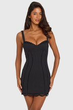 Women's Ponte Lace-Trim Peekaboo Mini Dress in Black Pinstripe — Dress