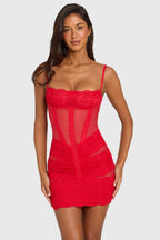 Women's Placed Lace-Trim Mini Dress in Cherry Red — Dress