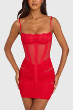 Women's Placed Lace-Trim Mini Dress in Cherry Red — Dress