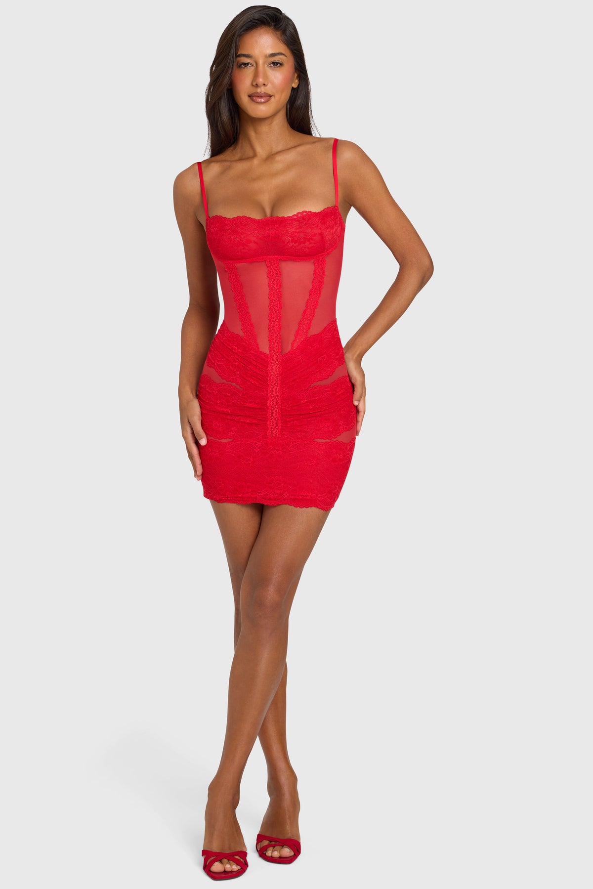 Women's Placed Lace-Trim Mini Dress in Cherry Red — Dress