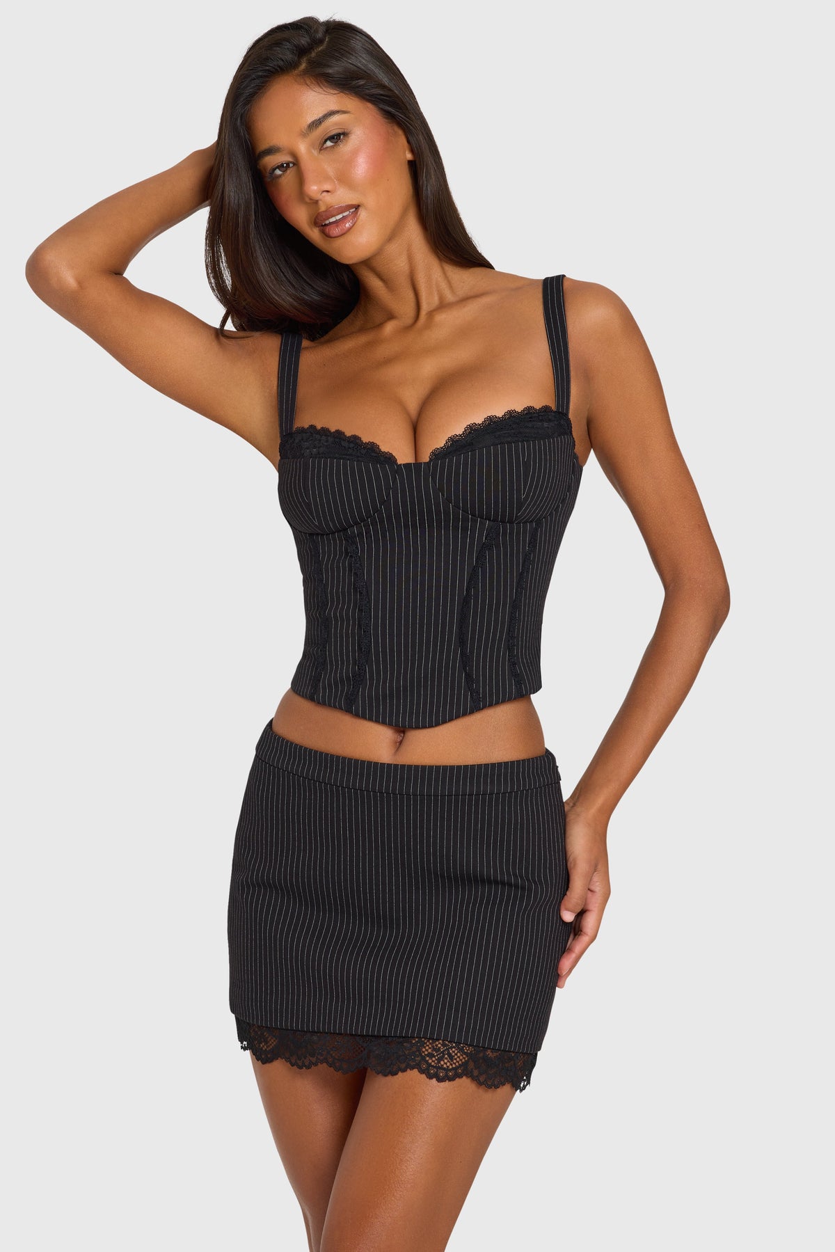 Women's Ponte Lace-Trim Peekaboo Corset Top in Black Pinstripe