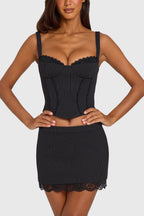 Women's Ponte Lace-Trim Peekaboo Corset Top in Black Pinstripe