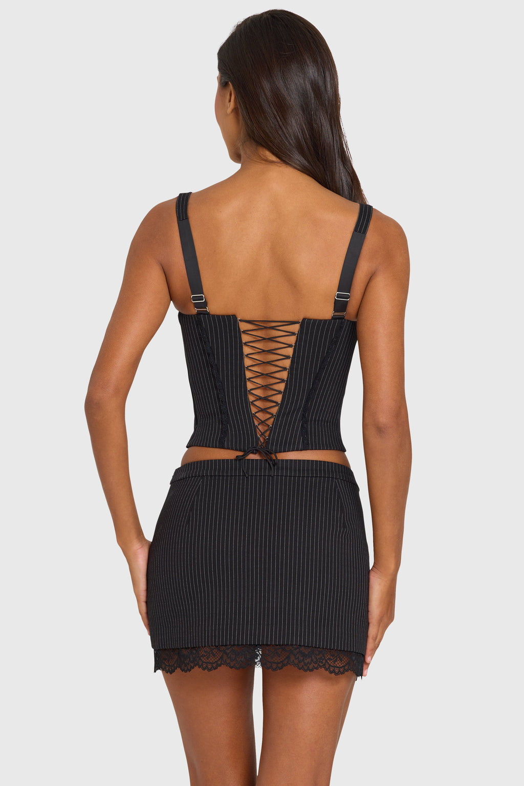 Women's Ponte Lace-Trim Peekaboo Corset Top in Black Pinstripe