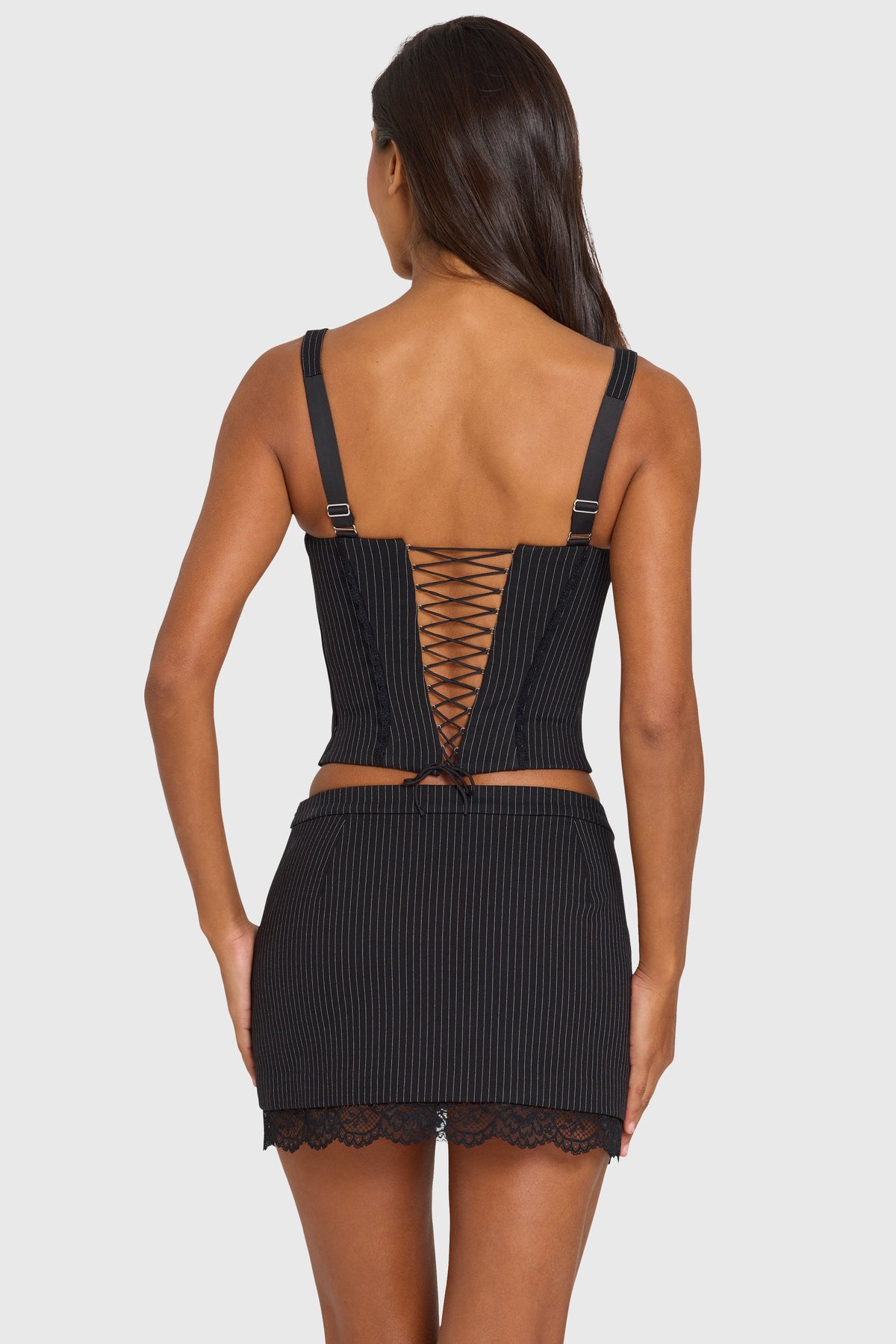 Women's Ponte Lace-Trim Peekaboo Corset Top in Black Pinstripe