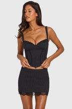 Women's Ponte Lace-Trim Peekaboo Corset Top in Black Pinstripe