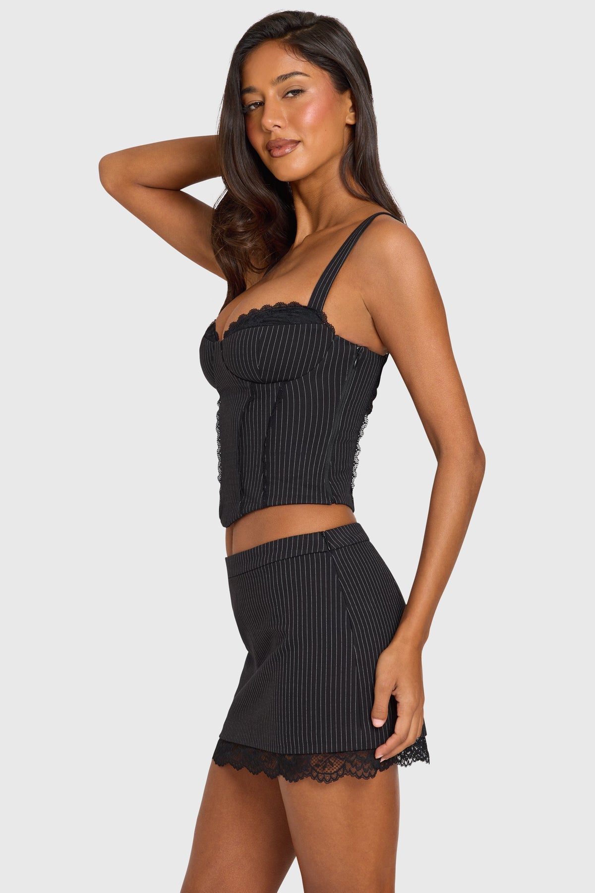 Women's Ponte Lace-Trim Peekaboo Corset Top in Black Pinstripe