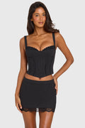 Women's Ponte Lace-Trim Peekaboo Corset Top in Black Pinstripe