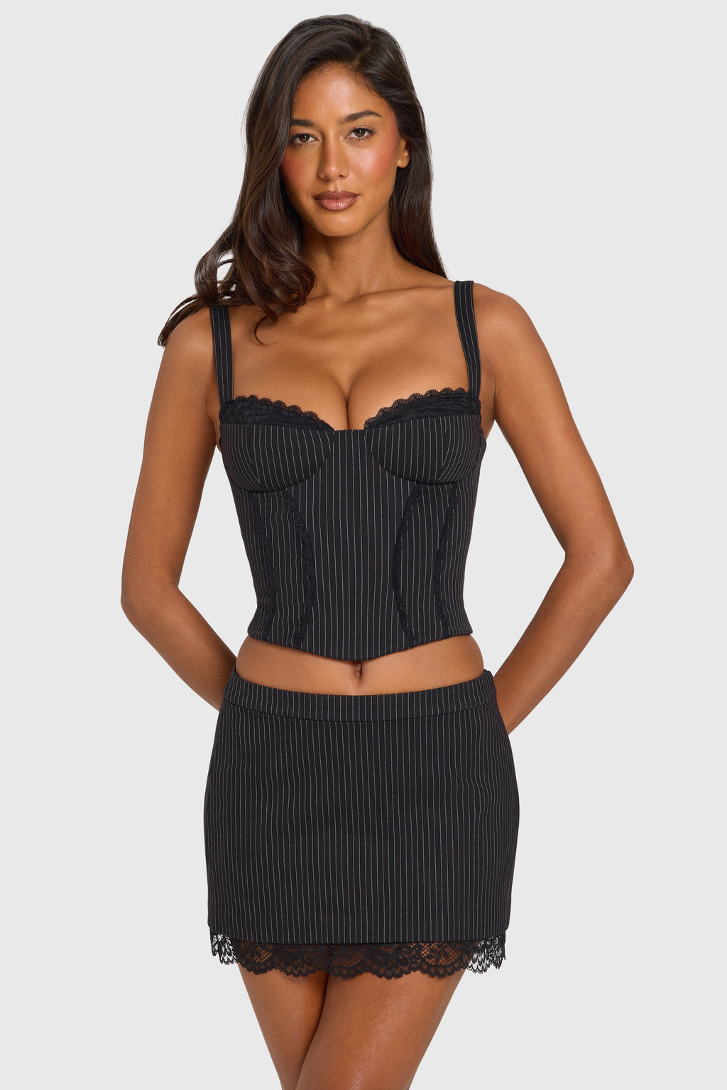 Women's Ponte Lace-Trim Peekaboo Corset Top in Black Pinstripe