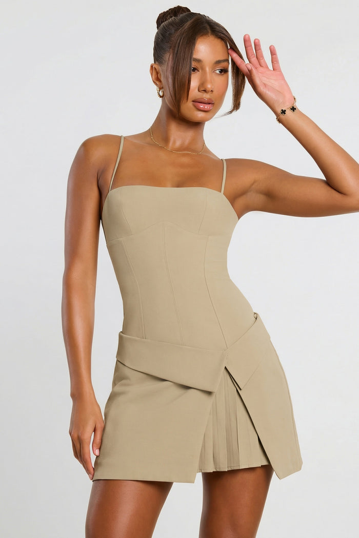 Women's Woven Twill Wrap Over Pleated Mini Dress in Taupe — Dress