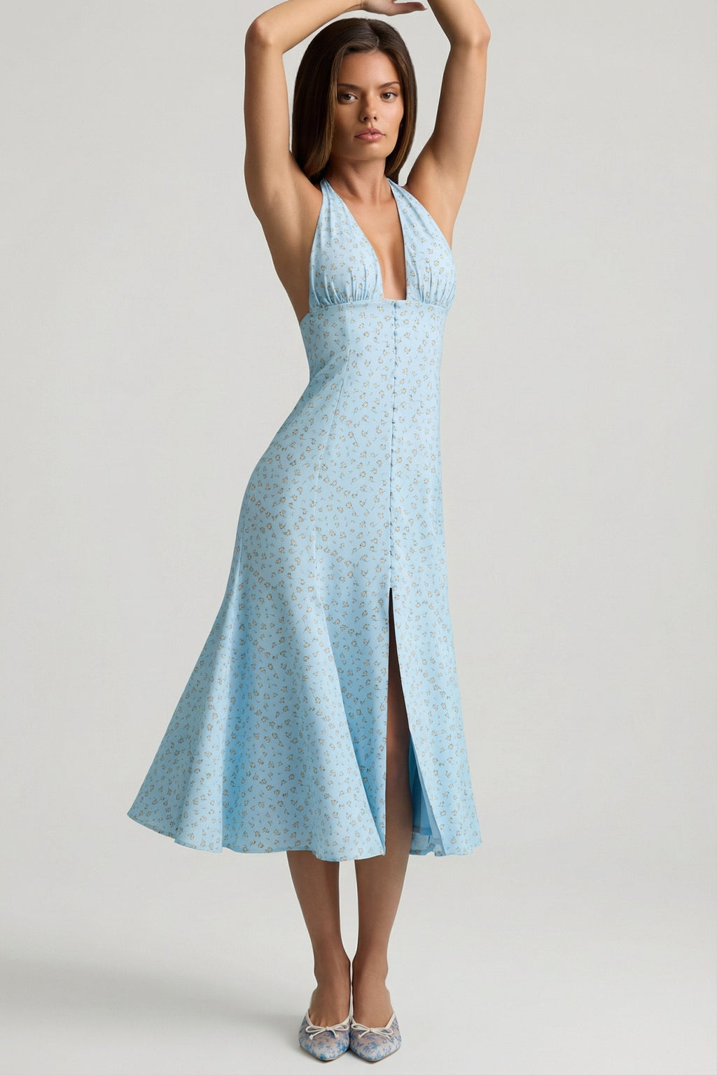 Women's Halterneck Midaxi Dress in Blue Flower Print — Dress