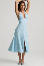Women's Halterneck Midaxi Dress in Blue Flower Print — Dress