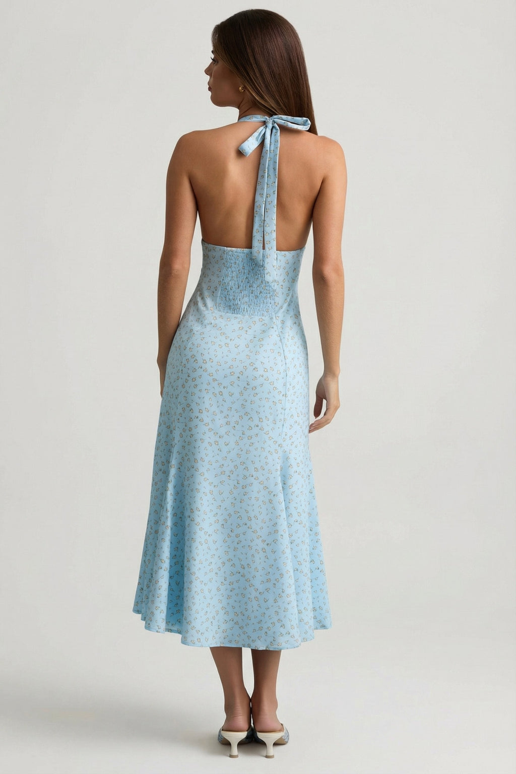 Women's Halterneck Midaxi Dress in Blue Flower Print — Dress