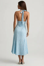Women's Halterneck Midaxi Dress in Blue Flower Print — Dress