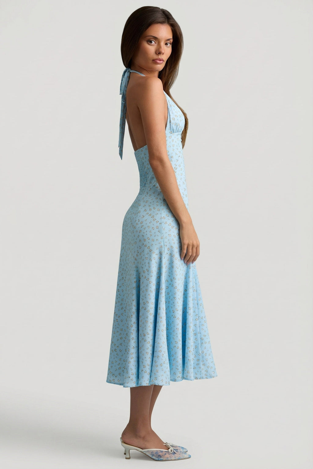Women's Halterneck Midaxi Dress in Blue Flower Print — Dress