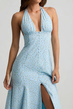Women's Halterneck Midaxi Dress in Blue Flower Print — Dress